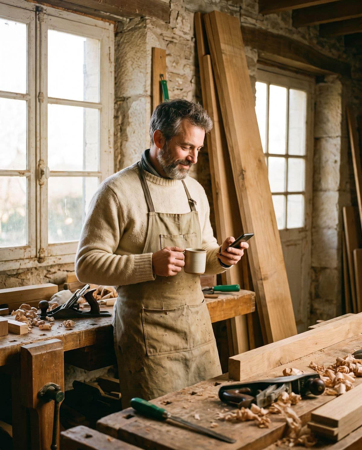 Un menuisier dans son atelier au lever du jour, un café à la main, regarde son téléphone