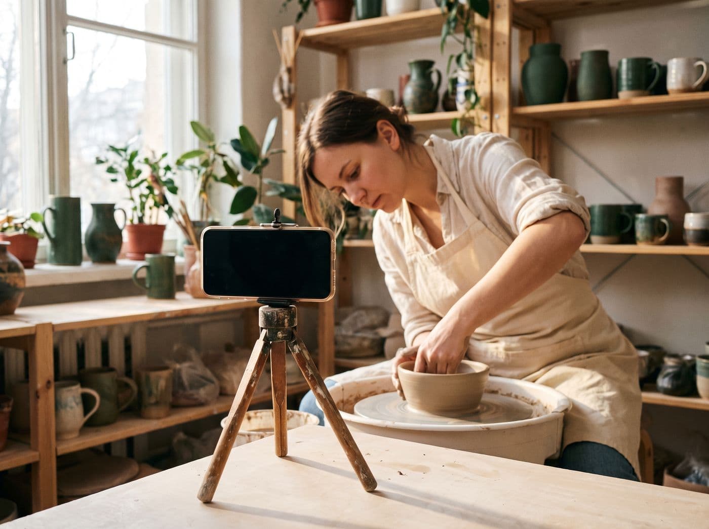 Un téléphone sur un petit trépied filme un artisan au travail dans son atelier